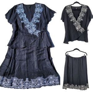 Vintage 90s Lane Bryant Linen‎ Wrap Skirt Set 14/16 Black Embroidered Scallop